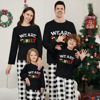 “We Are Familyâ€?Long Sleeve Monogrammed Plaid Parent-Child Pajamas