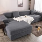 Plaid Fleece Solid Color Stretch L-Shape Sofa Cover 2 PCS (3 Seater +3 Seater)